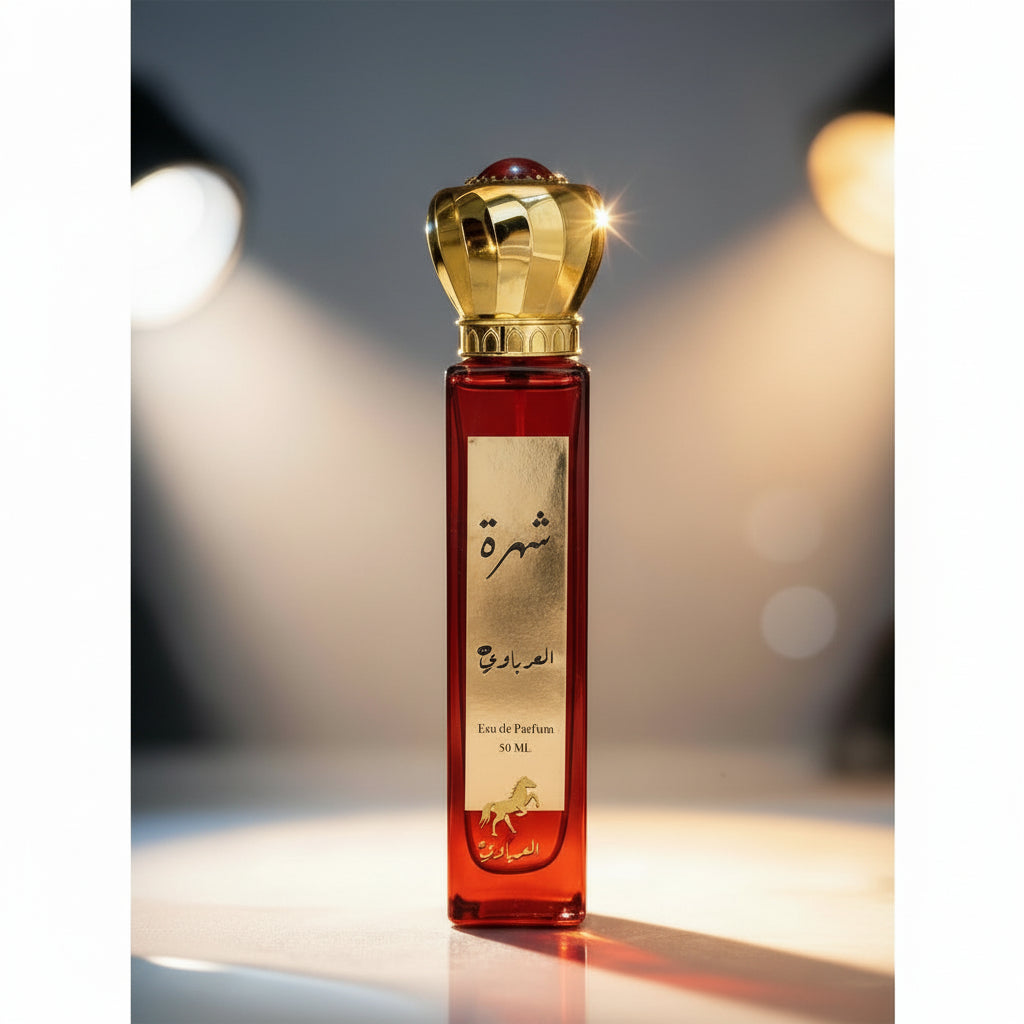 Red perfume bottle with gold cap on a blurred background