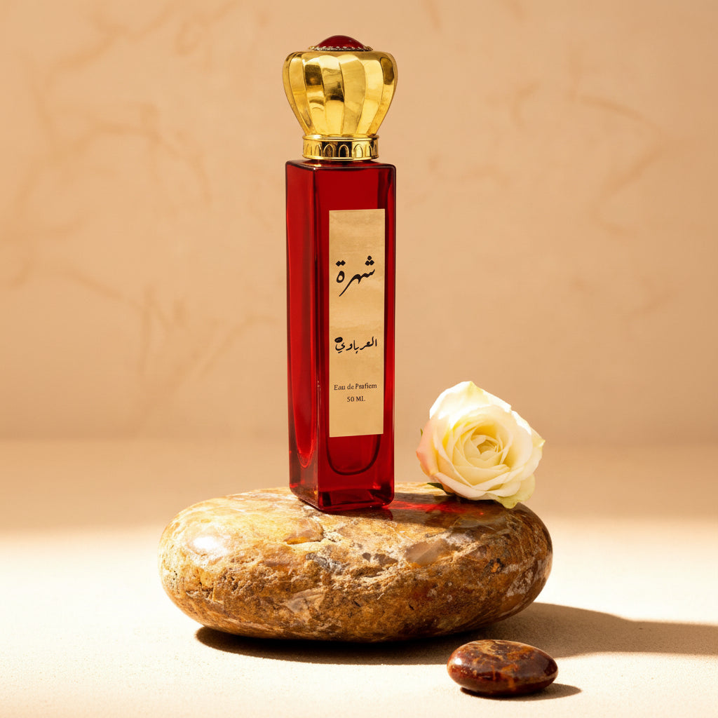 Perfume bottle with gold cap and red liquid on a stone surface with a white rose and brown pod, against a beige background.