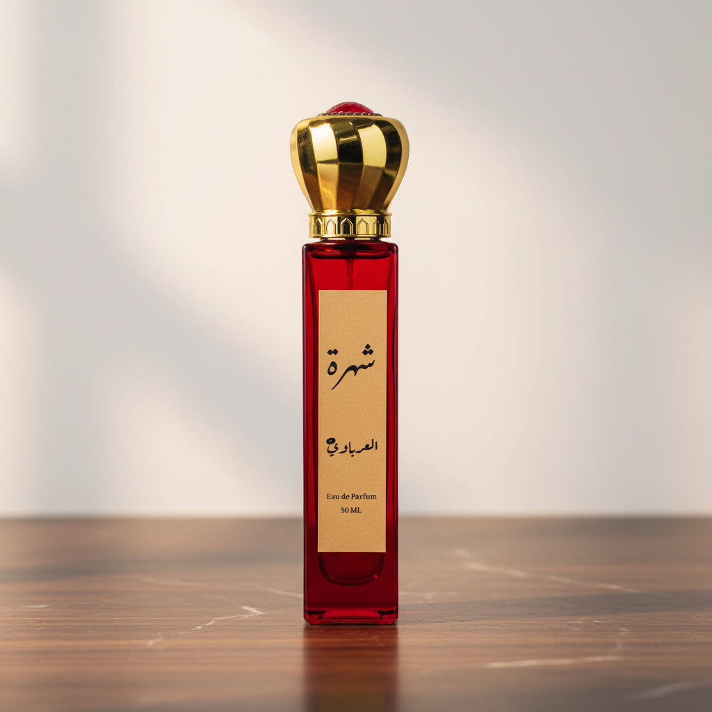 Red perfume bottle with gold cap on a white background