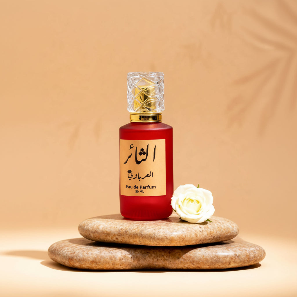 Red perfume bottle with gold cap on a stone surface against a beige background
