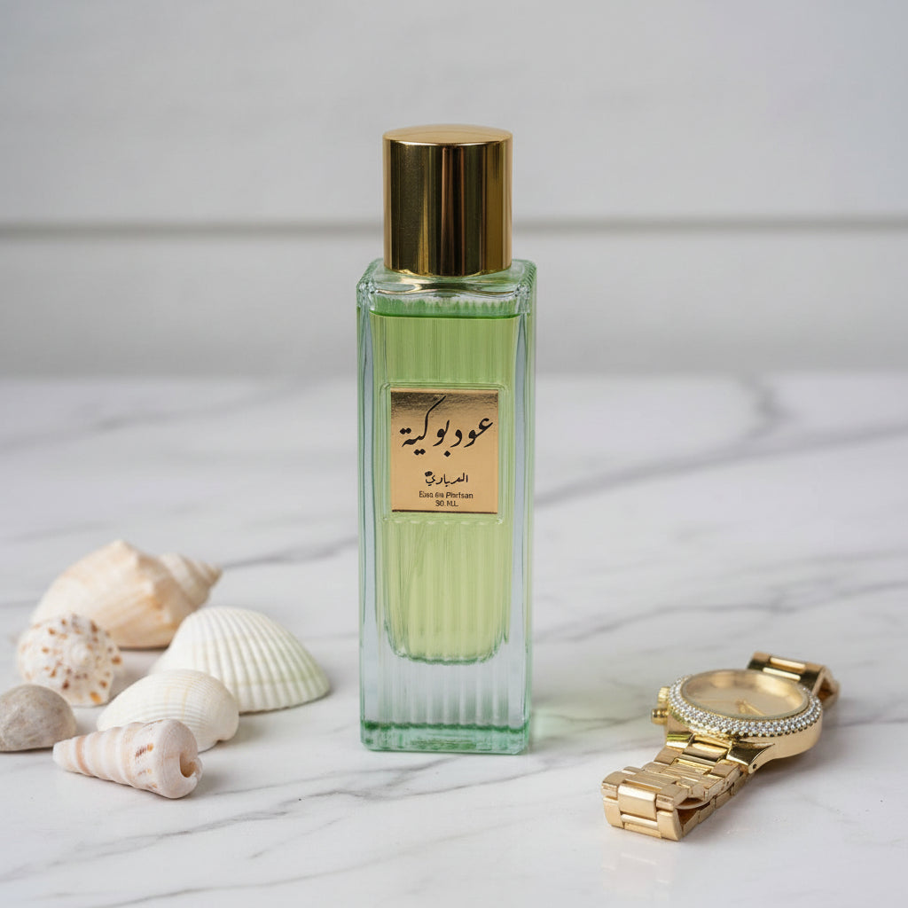Green perfume bottle with gold cap on a textured surface with rocks and a watch.
