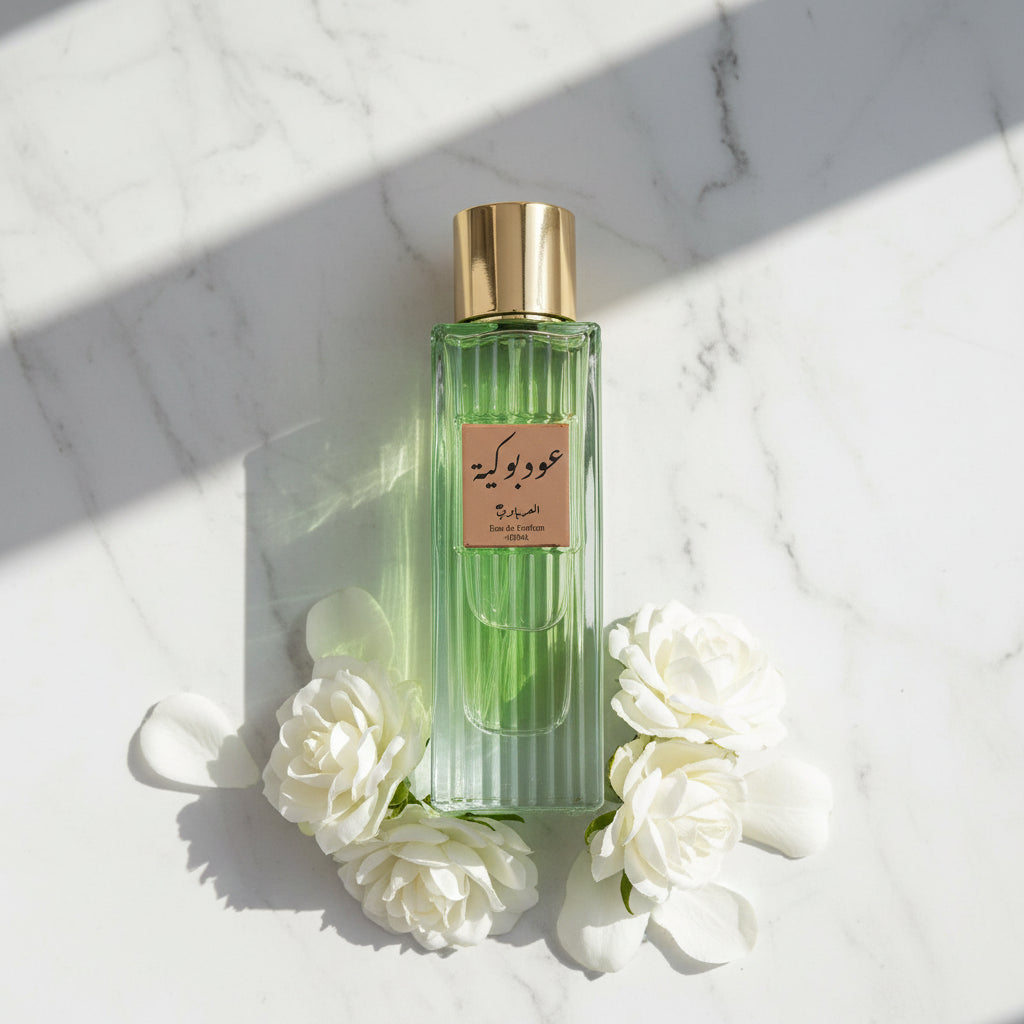 Green perfume bottle with gold cap on a textured surface with rocks and a watch.
