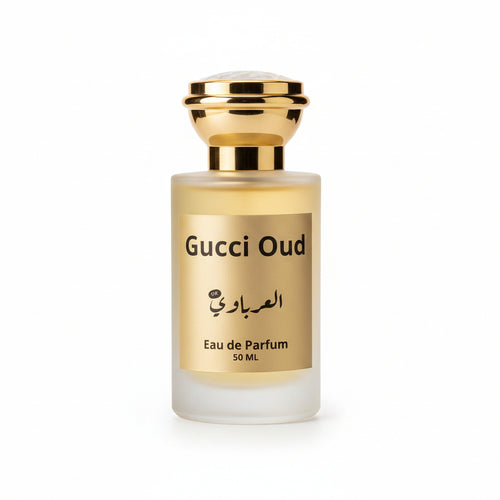 Gucci Oud perfume bottle held in a hand with Arabic text and Gucci logo.