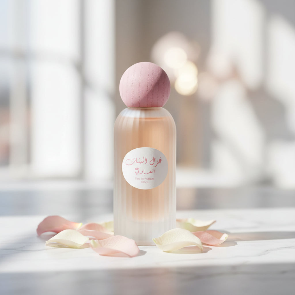 Perfume bottle with pink cap on a white background