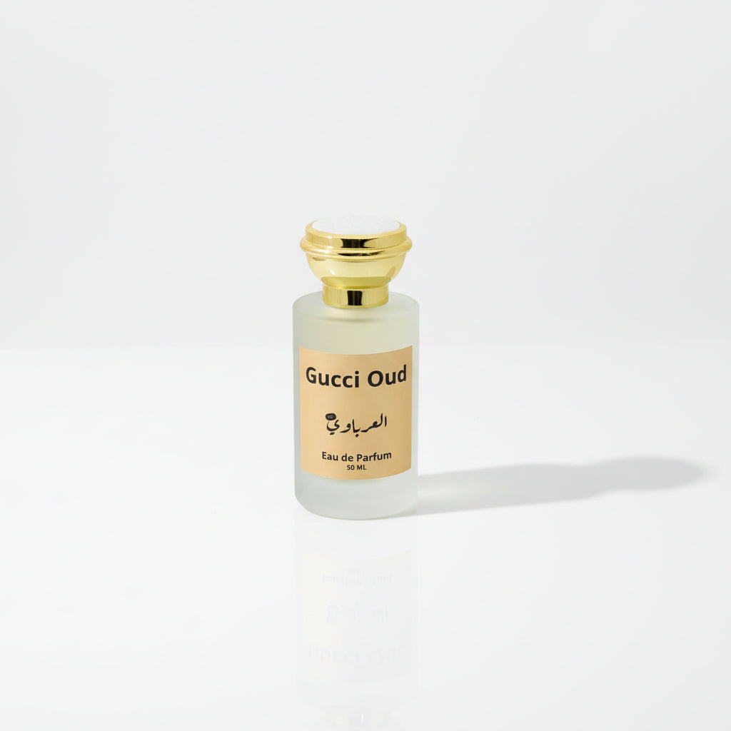 Gucci Oud perfume bottle on a white background