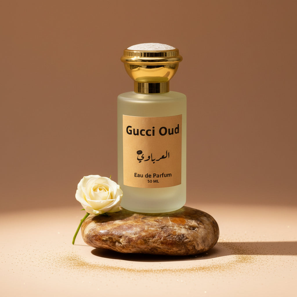 Gucci Oud perfume bottle with a white flower on a beige background