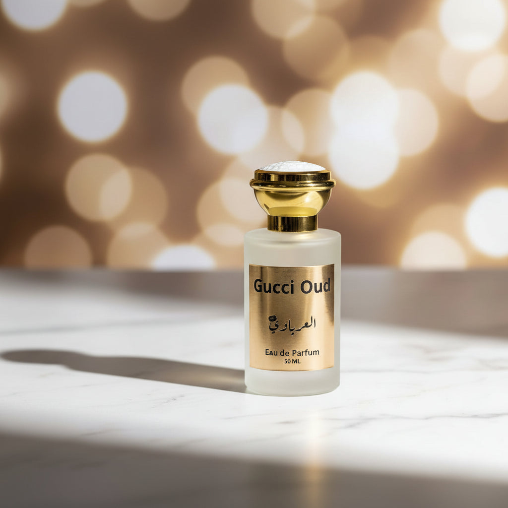 Gucci Oud Eau de Parfum bottle with gold cap and label on a white surface.